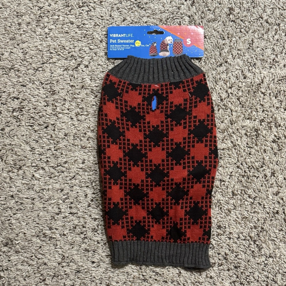 Vibrant Life Dog Cat Buffalo Check Red Pet Sweater Sz SM 10-20Lb Fall Winter
